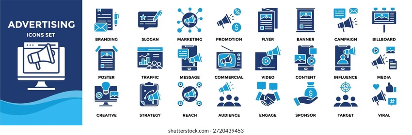 Colección de conjunto de iconos de publicidad. El paquete del icono contiene publicidad, marca, promoción, comercialización, campaña, Anuncio, cartel, volante, cartelera, comercial