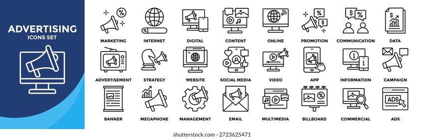 Advertising icon set collection. Icon pack contains Advertisement, Strategy, Website, Management, Commercial, Ads