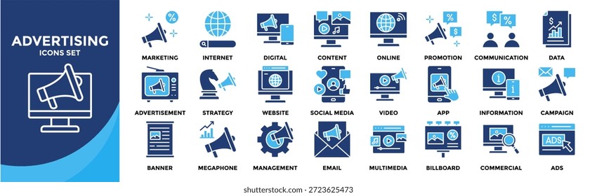 Advertising icon set collection. Icon pack contains Advertisement, Strategy, Website, Management, Commercial, Ads