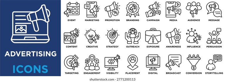 Advertising Icon Set Collection In Icon Pack Contain Summary, Containing Marketing, Branding, Promotion, Audience, Media, Engagement, Strategy, Digital, Targeting, Campaign