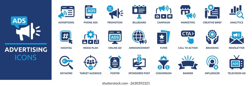 Advertising icon set. Containing marketing, promotion, announcement, branding, campaign, newsletter, Ad, billboard, keyword, banner and more. Solid vector icons collection.