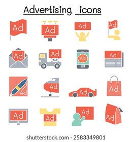 Advertising icon set  in flat color style