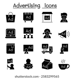 Advertising icon set in glyph style