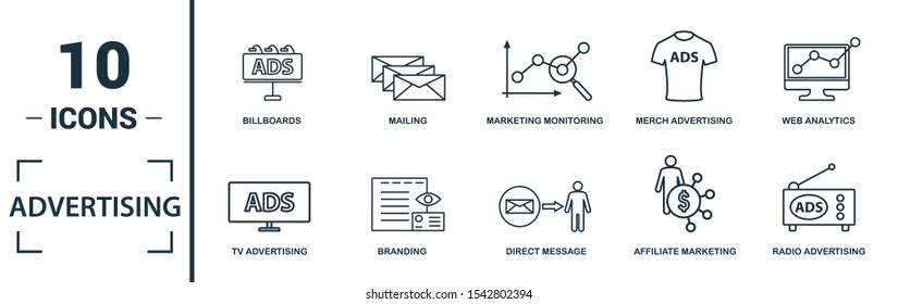 Advertising icon set. Include creative elements focus group, marketing monitoring, affiliate marketing, tv, global advertising icons. Can be used for report, presentation, diagram, web design.