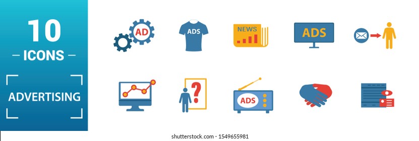 Advertising icon set. Include creative elements focus group, marketing monitoring, affiliate marketing, tv, global advertising icons. Can be used for report, presentation, diagram, web design.