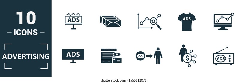 Advertising icon set. Include creative elements focus group, marketing monitoring, affiliate marketing, tv, global advertising icons. Can be used for report, presentation, diagram, web design.