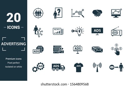 Advertising icon set. Include creative elements focus group, marketing monitoring, affiliate marketing, tv, global advertising icons. Can be used for report, presentation, diagram, web design.