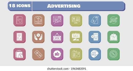advertising icon set. included feedback, online shop, shopping bag, tablet, sale, shirt, like, price tag, discount, enter icons on white background. linear, filled styles.