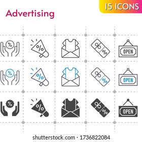 advertising icon set. included megaphone, newsletter, discount, open icons on white background. linear, bicolor, filled styles.