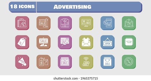 advertising icon set. included megaphone, shopping bag, online shop, newsletter, chip, sale, shop, shirt, book, price tag icons on white background. linear, filled styles.