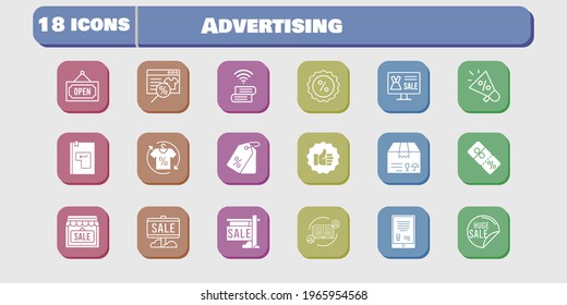 advertising icon set. included megaphone, package, shop, like, book, discount, feedback, tablet, online shop, sale, shirt icons on white background. linear, filled styles.