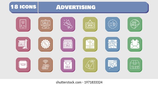 advertising icon set. included newsletter, megaphone, chip, shop, package, like, book, discount, shopping bag, online shop icons on white background. linear, filled styles.