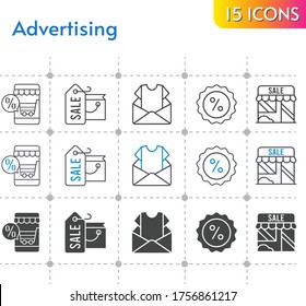 advertising icon set. included online shop, shopping bag, newsletter, shop, discount icons on white background. linear, bicolor, filled styles.