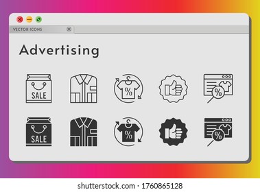 advertising icon set. included shopping bag, online shop, shirt, like icons on white background. linear, filled styles.