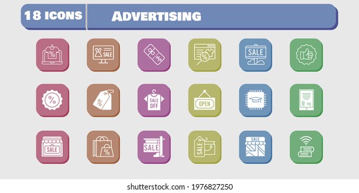 advertising icon set. included tablet, shopping bag, online shop, chip, sale, shop, shirt, like, book, price tag, discount icons on white background. linear, filled styles.