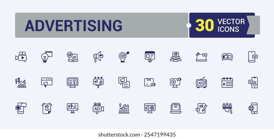 Conjunto de iconos de publicidad. Incluye anunciante de línea delgada, publicidad, promoción, campaña, publicidad, marketing, publicidad. Colección de símbolo de contorno. Icono de Vector editable e ilustración.