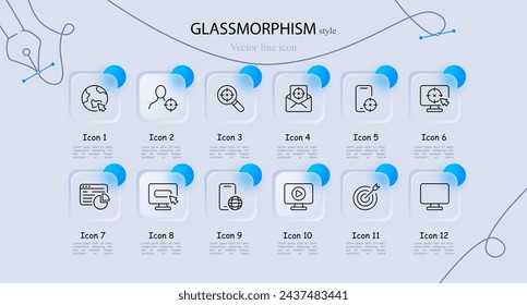 Advertising icon set. Sight, target audience, monitor, video hosting, mail, smartphone, website, schedule. Glassmorphism style. Vector line icon for business and advertising