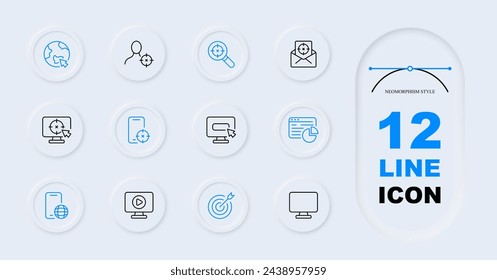 Advertising icon set. Sight, target audience, monitor, video hosting, mail, smartphone, website, schedule. Neomorphism style. Vector line icon for business and advertising