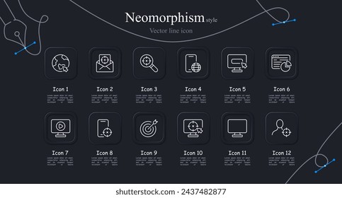 Advertising icon set. Smartphone, planet, magnifying glass, search, target audience, internet. Neomorphism style. Vector line icon for business and advertising