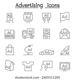 Advertising icon set in thin line style