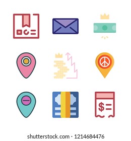 advertising icon set. vector set about package, envelope, placeholder and money icons set.