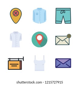 advertising icon set. vector set about envelope, shorts, shirt and advertisement icons set.