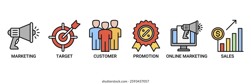 Advertising icon set vector illustration concept with icon of marketing, target, customer, promotion, online marketing, and sales icons. Outline color vector symbol background.