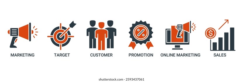Advertising icon set vector illustration concept with icon of marketing, target, customer, promotion, online marketing, and sales icons. Solid color vector symbol background.