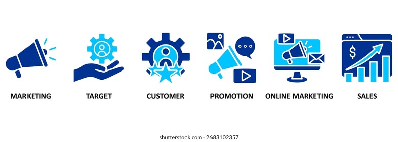 Concepto de Ilustración vectorial del conjunto del icono de la publicidad con el icono del márketing, objetivo, Cliente, promoción, márketing en línea, y ventas