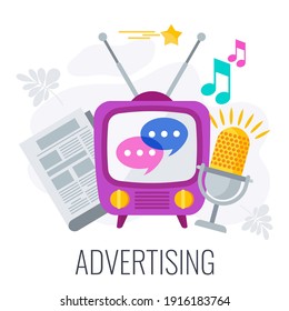 Advertising icon. TV, radio and newspaper. Outbound marketing. Traditional marketing and promotion. Flat vector cartoon illustration.