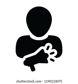 Advertising icon vector male person profile avatar symbol with megaphone for campaign in glyph pictogram illustration