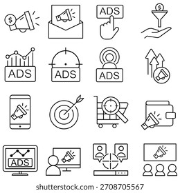
Ícone publicitário de conjunto de vetores. Coleção de sinais de ilustração de anúncios. símbolo comercial. logotipo de marketing. ícone web da promoção.