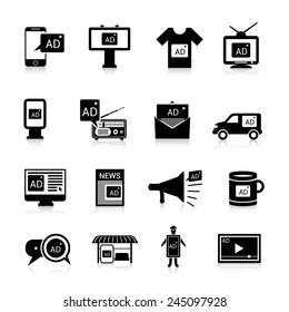 Advertising icons black set with multimedia propaganda publication isolated vector illustration