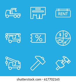 Advertising icons set. set of 9 advertising outline icons such as hummer, truck with hook, rent tag, ticket on sale, ad