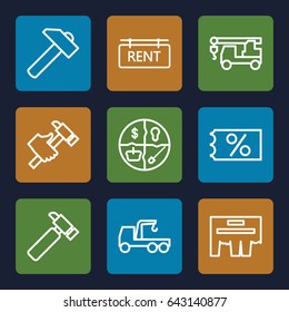 Advertising icons set. set of 9 advertising outline icons such as hummer, truck with hook, rent tag, ticket on sale, ad