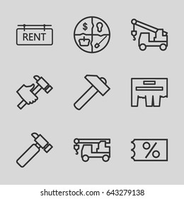 Advertising icons set. set of 9 advertising outline icons such as hummer, truck with hook, rent tag, ticket on sale, ad