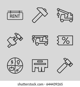 Advertising icons set. set of 9 advertising outline icons such as hummer, truck with hook, rent tag, ticket on sale, ad