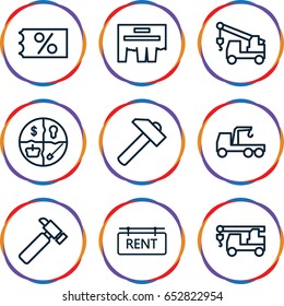 Advertising icons set. set of 9 advertising outline icons such as hummer, truck with hook, rent tag, ticket on sale, ad