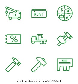 Advertising icons set. set of 9 advertising outline icons such as hummer, truck with hook, rent tag, ticket on sale, ad