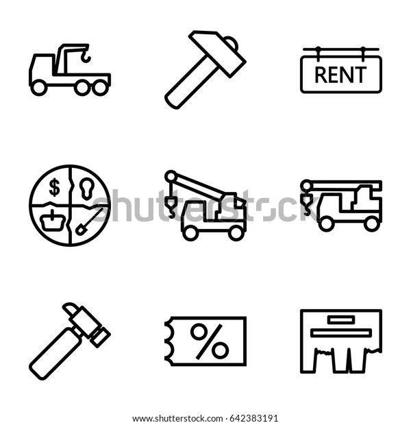 Advertising icons\
set. set of 9 advertising outline icons such as hummer, truck with\
hook, rent tag, ticket on sale,\
ad