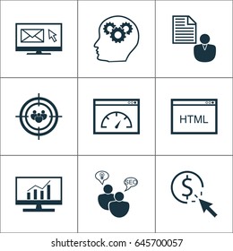 Advertising Icons Set. Collection Of Coding, PPC, Newsletter And Other Elements. Also Includes Symbols Such As Pay, Per, Click.