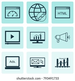 Advertising icons set with digital media, media campaign, connectivity and other keyword optimisation elements. Isolated vector illustration advertising icons.