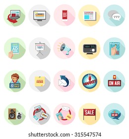 Advertising icons set in flat design with long shadow. Illustration EPS10