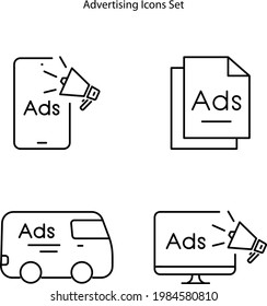 advertising icons set isolated on white backgroundn. advertising icon thin line outline linear advertising symbol for logo, web, app, UI. advertising icon simple sign.