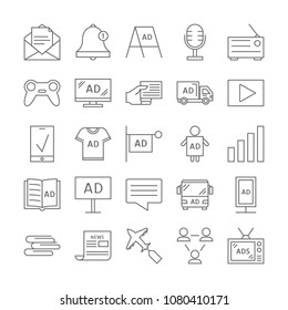 Advertising icons set. Linear illustrations on white.