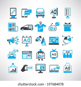 advertising icons set, marketing promotion icons set, black and blue color