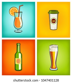 Advertising illustration of different drinks: juice, cocktail, coffee, lemonade, beer in the glass, bottle, paper mug, cup. Comic hand drawn vector illustration.