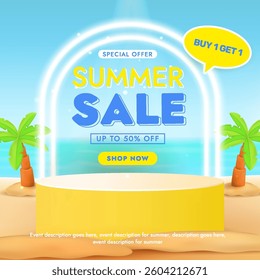 An advertising illustration featuring a summer sale promotion highlighting discounts and offers, set on a tropical beach setting with palm trees and a vibrant standalone display.