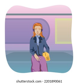 Advertising Illustration Of A Girl In The Subway, Neutral Illustration Of Public Transport, A Red-haired Student Rides In A Metro Car