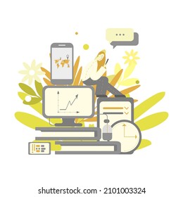advertising illustration of a monitor and a chart as a symbol of business growth on the background of blossoming plants. Improved sales statistics. Company development and growth concept